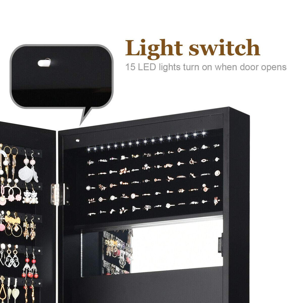 Wall Mounted Jewelry Cabinet, Lockable Door Hanging Jewelry Armoire w/ 12LEDs, Space Saving Makeup Display Cabinet