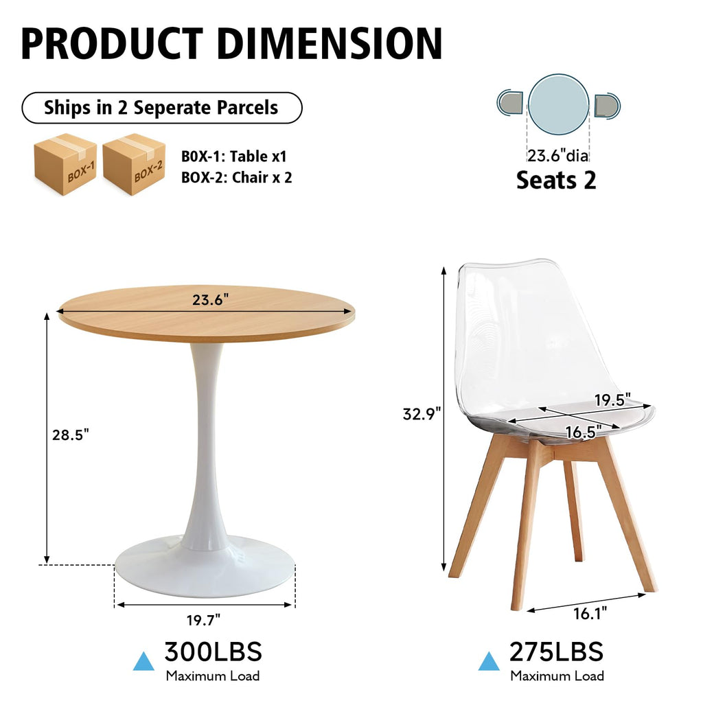 Inspired Saarinen Style 23.6'' Round Dining Table Set for 2, Tulip Kitchen Table and 2 Chairs