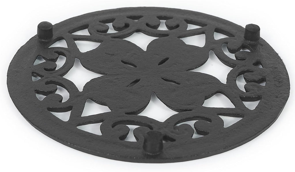 7 Inch Cast Iron Trivet, Round Heavy Duty Hot Pot Holder with Vintage Floral Design, Heat Resistant Mat