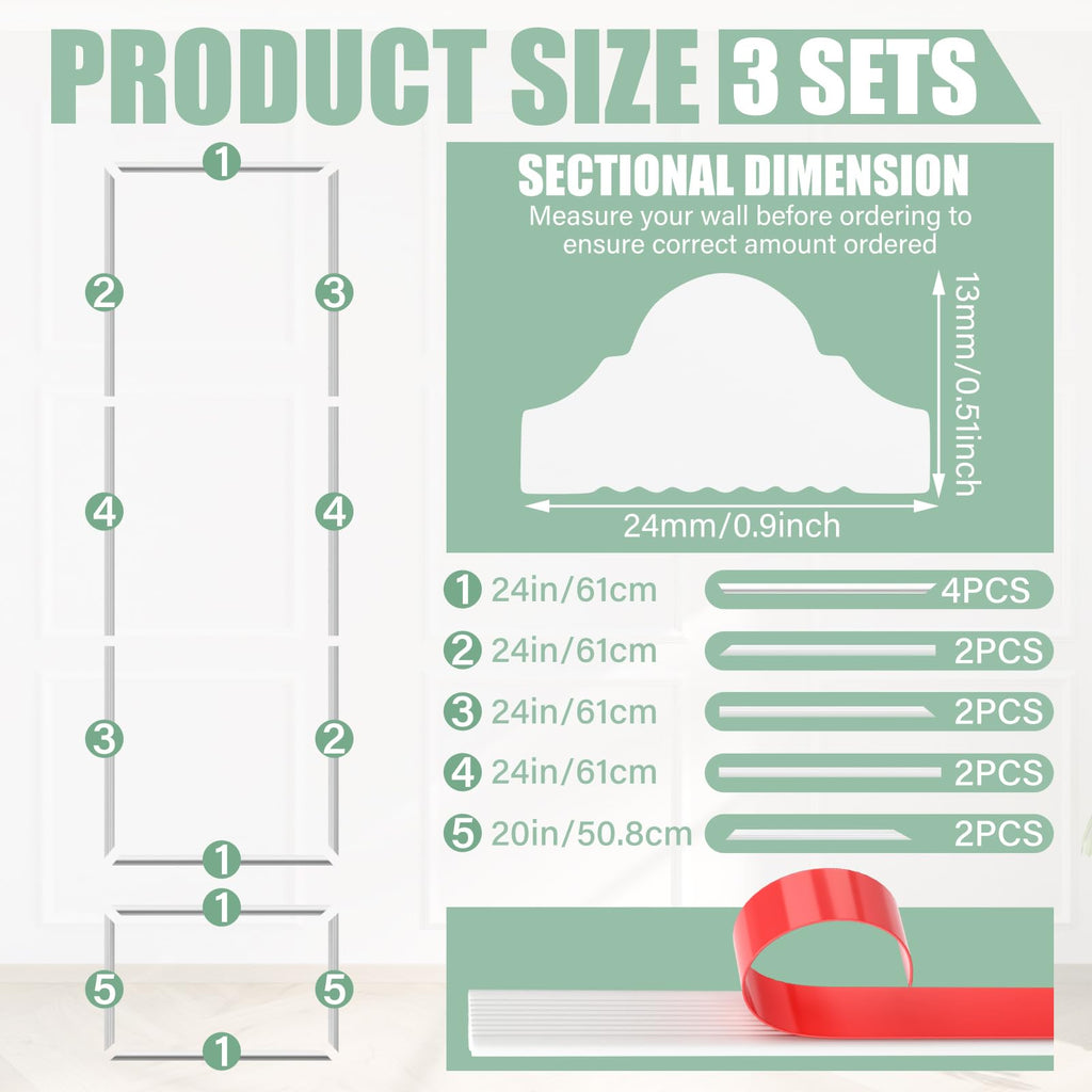 3set Peel and Stick Wall Molding Kit 3D Premade, 24x72in