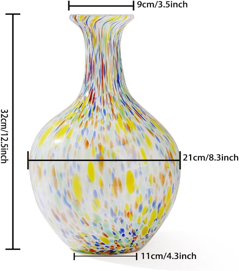 Hand Blown Colorful Round Murano-Style Art Glass Vase - 12.5" Tall,Wide Mouth Glass Vase for Mantle Dining Table