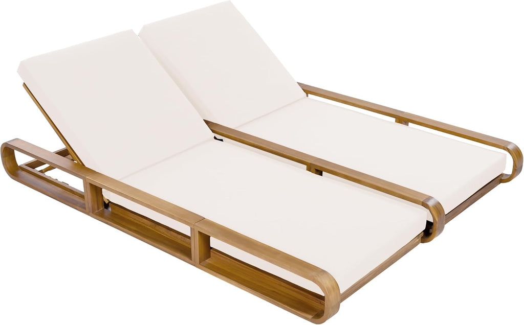 Pyke Double Chaise Lounge Outdoor with Cushion, Acacia Wood Patio Chaise Lounge Set of 2, Adjustable Backrest
