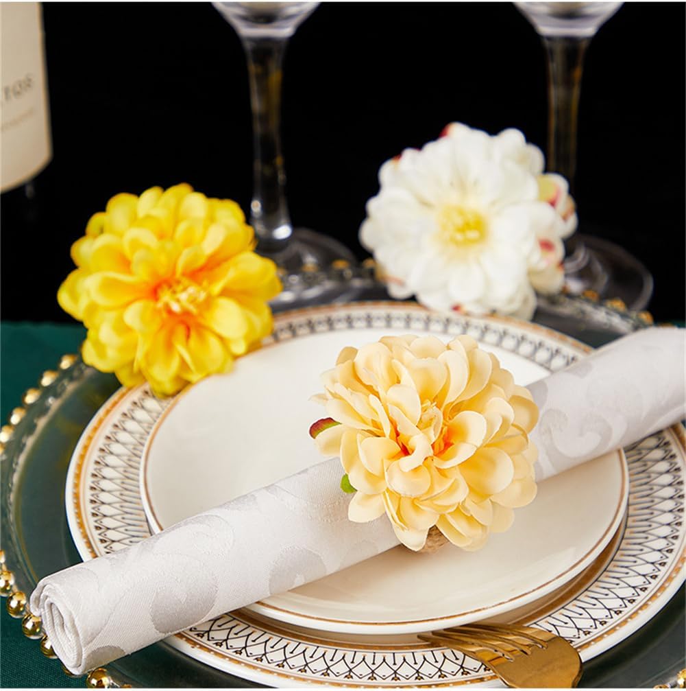 White Floral Napkin Rings,Rustic Rose Napkin Rings Flower Dinner Napkin Holder for Table Decoration - Set of 6