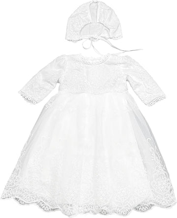 Baby Girls Long Sleeve Christening Dress Classic Embroidered Baptism Tulle Dress