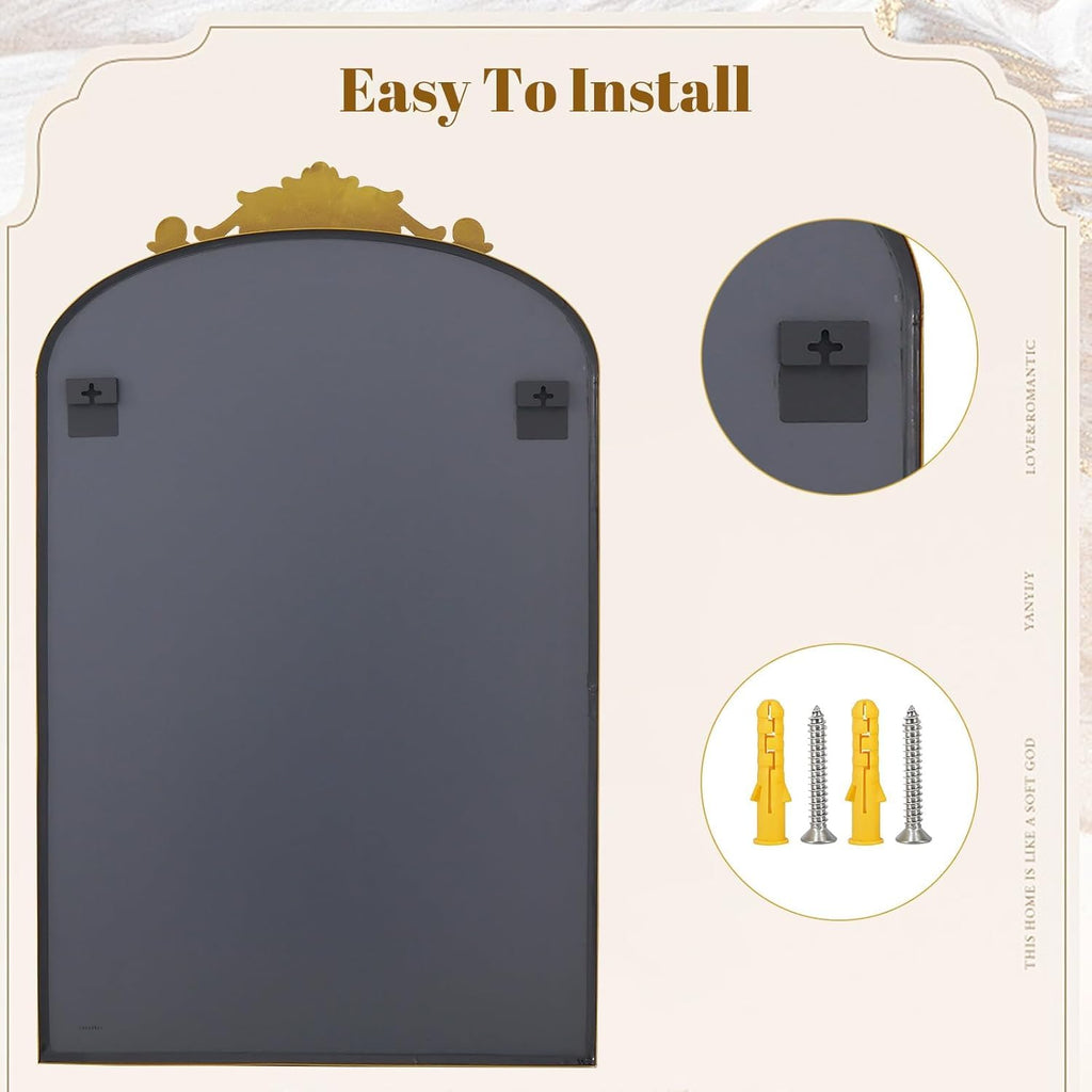 Vintage Arched Wall Mirror, 30"x22" Bronze Antique Bathroom Mirror