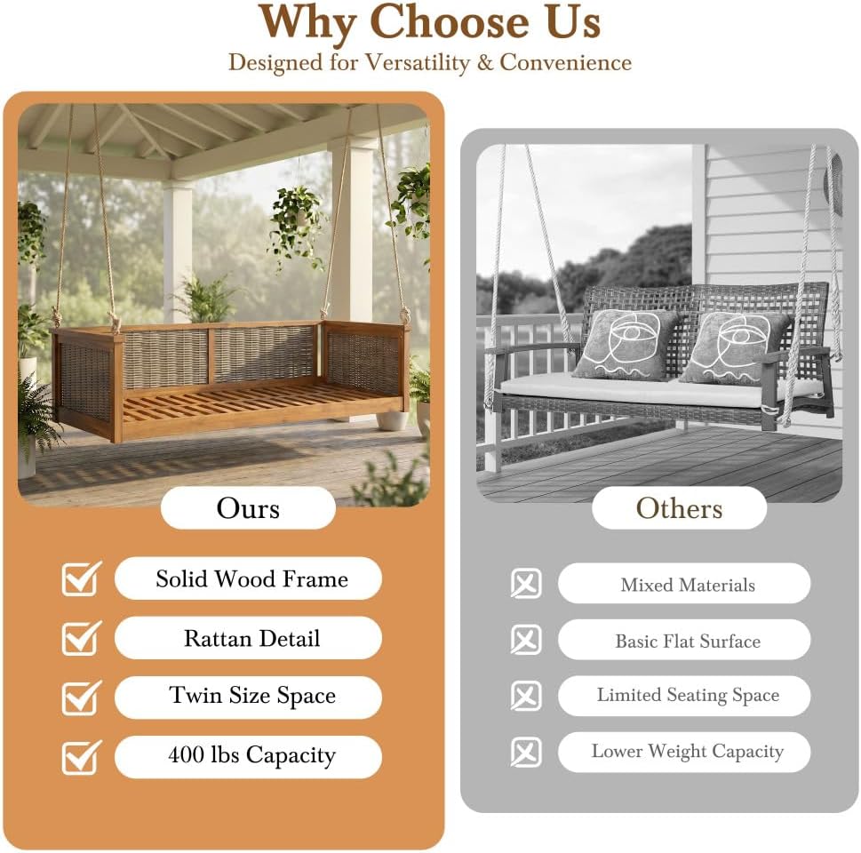 Porch Swing Bed, Twin Size Outdoor Solid Wood Hanging Daybed with Rattan Frame Long Ropes Teak Garden Swing Bench for