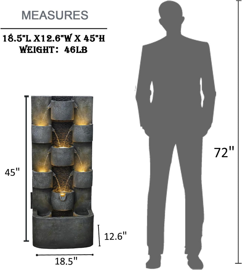 Outdoor Water Fountain Garden - Waterfall Large Water Feature Fountains with LED Lights & Pump