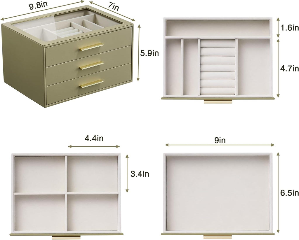 Jewelry Box Organizer Storage Case, 3-Layer with Glass Window, Green