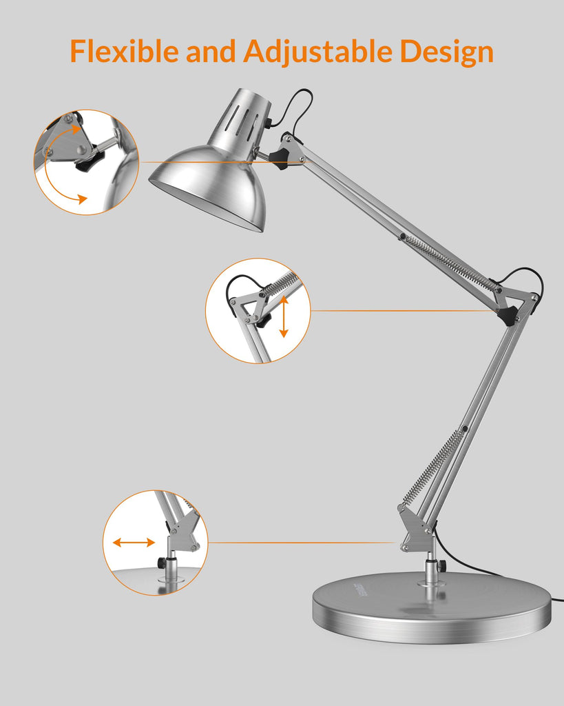 Metal Adjustable Desk Lamp with Clamp, Swing Arm