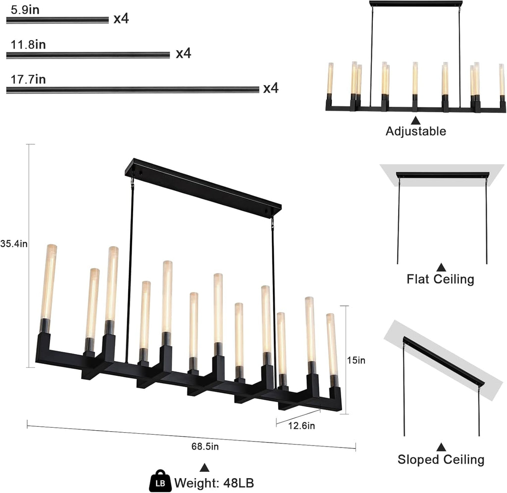68-Inch 12-Light Black Modern Chandelier with Knurled Glass Tube Shades, Rectangular Luxury Ceiling Pendant Light Fixture for Dining Room, Living Room, or Foyer A114-B0D9GCQBY8