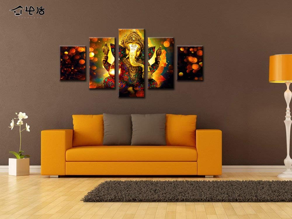 Large 5 Panel Hindu God Ganesha Wall Art - Traditional Indian Canvas Prints Decor ( Inch, Framed)