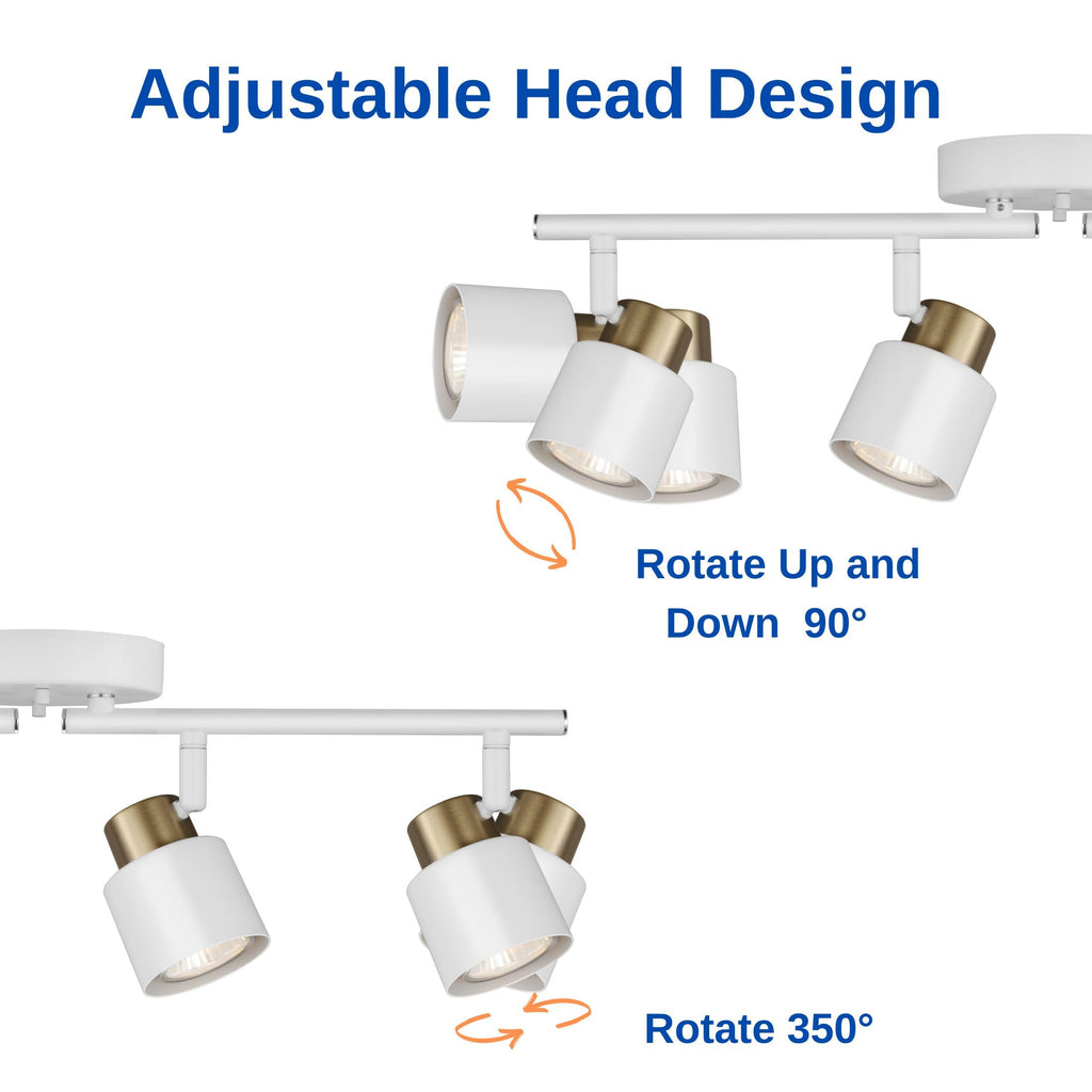 4 Light Track Lighting Kit, Matte White Brass Finish Adjustable with Modern Flush Mount Ceiling Spotlight