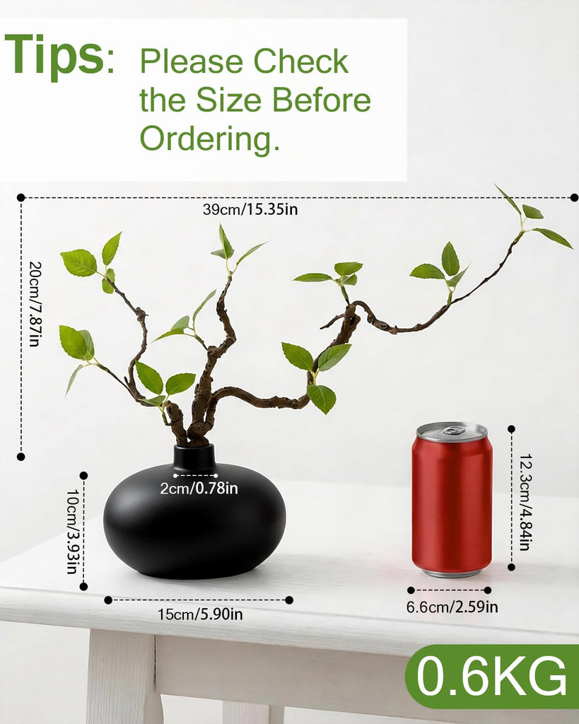 Vase with Greenery, 1 pc Artificial Stem with Black Vase, 20" Decorative Fake Plants Indoor, Small Plant Living Room