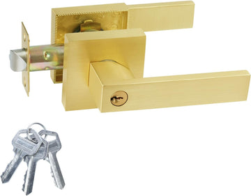 Golden Door Handles with Lock and Keys,Brushed Golden Door Knobs