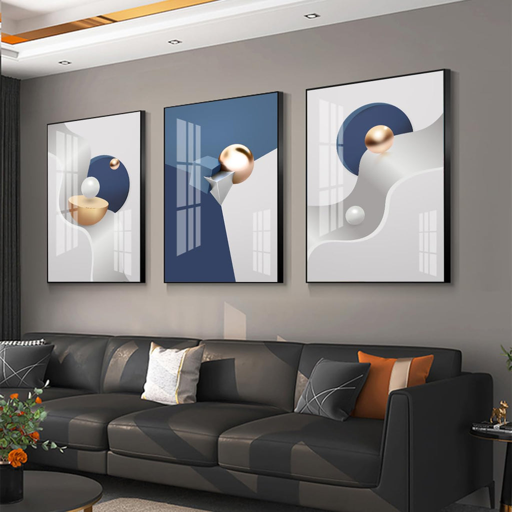 3Pcs Modern Blue Gray Geometric Abstract Framed Canvas Wall Art Decor