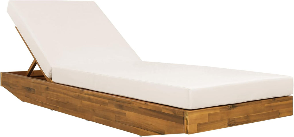 Acacia Wood Chaise Lounge with Cushion - Teak Finish Outdoor Recliner with Cream Water-Repellent Cushion, 79.6" L x 29" W, 300 lbs
