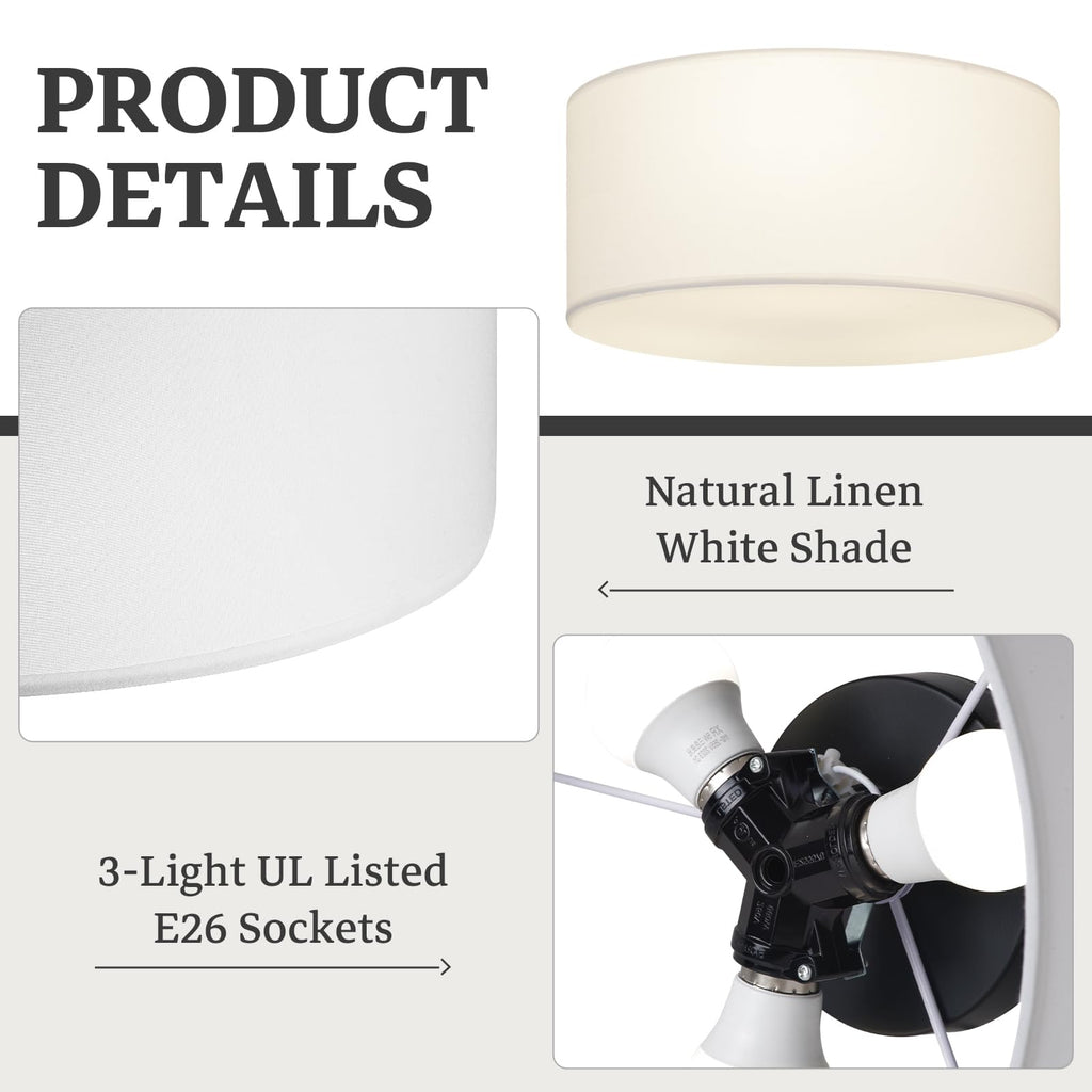 Semi Flush Mount Ceiling Light Fixture, 13inch Light Fixtures Ceiling Mount, 3-Light Drum Light Fixture with White