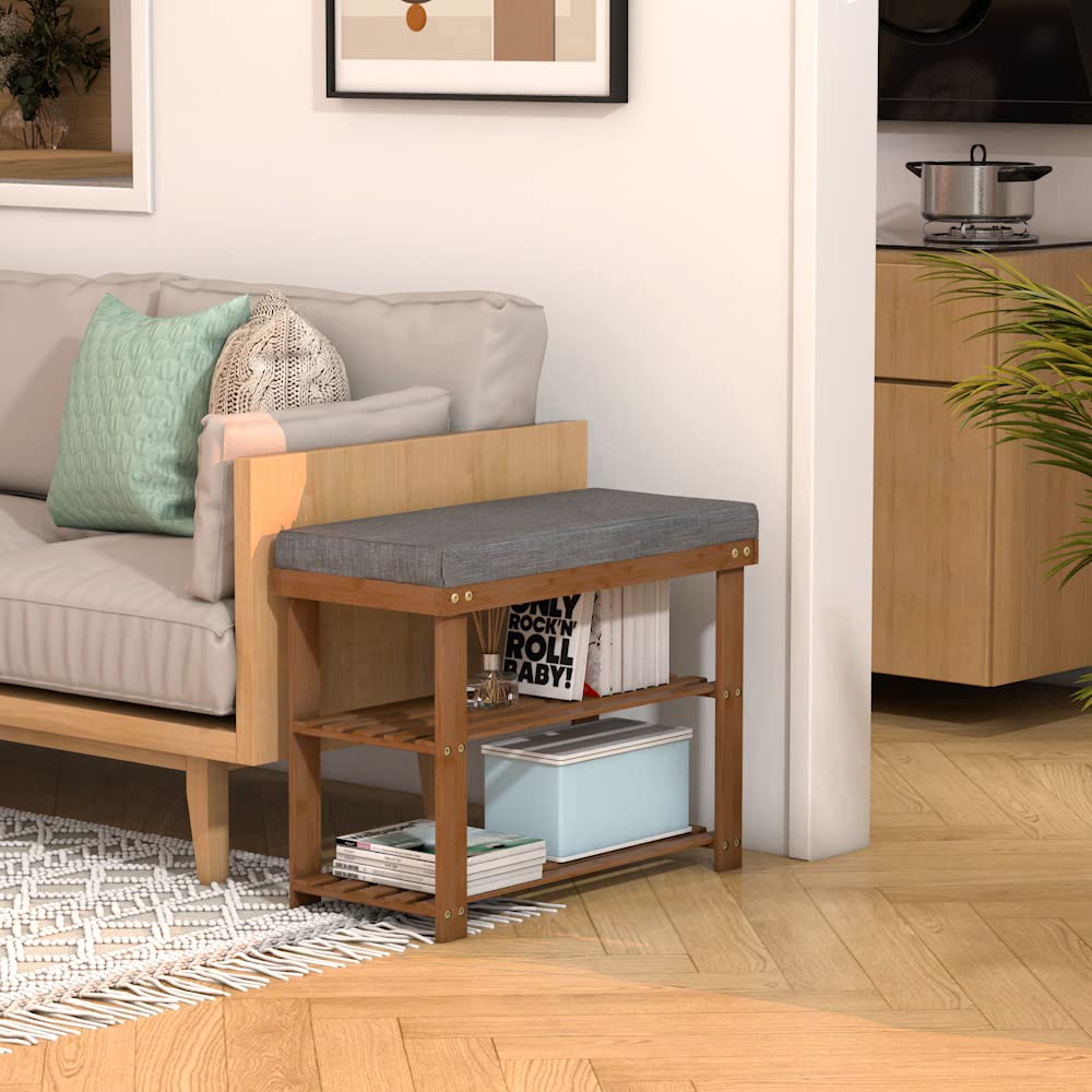 Bamboo Shoe Bench with Cushion, 3-Tier Shoe Rack Organizer, Walnut