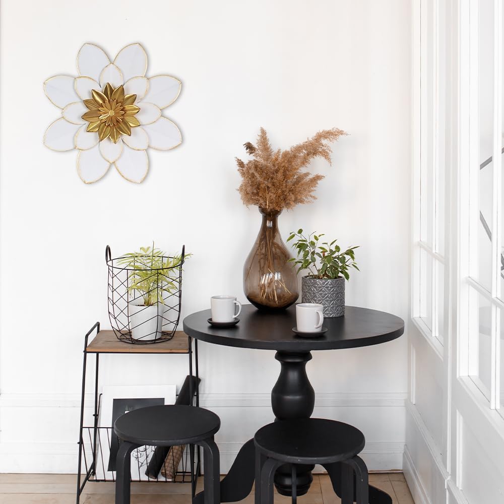 Metal Flower Wall Decor, 16" White Gold Floral Metal Wall Art Outdoor, Boho Farmhouse Modern Wall Decor, Porch