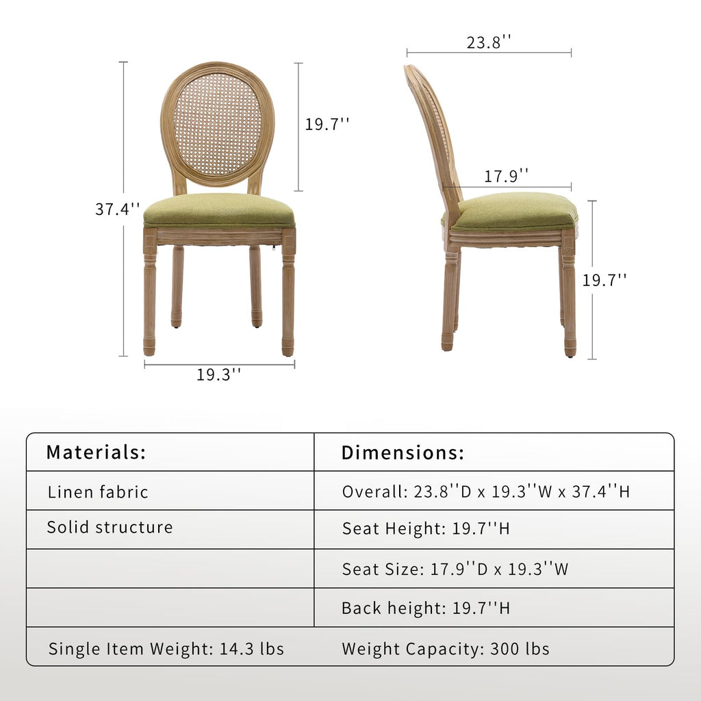 Vintage French Country Dining Chairs Set of 4, Farmhouse Rattan Dining Room Chairs with Round Back, Linen Upholstered