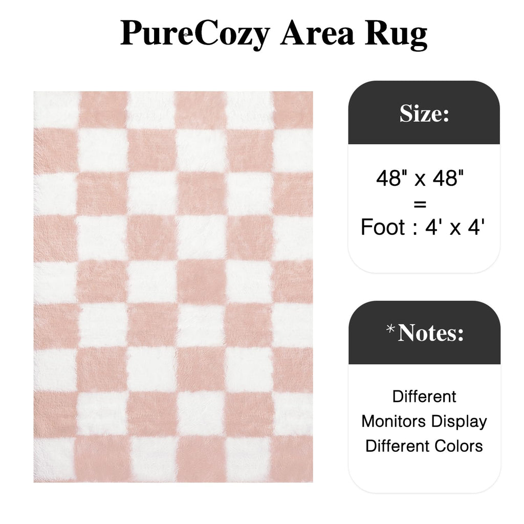 Pink Round Rug 6ft Soft Fluffy Checkered Shag Carpet