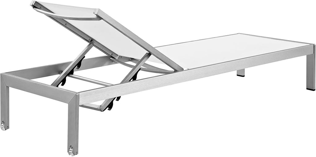 Shore Aluminum Textilene Mesh Outdoor Patio Two Poolside Chaise Lounge Chairs in Silver White