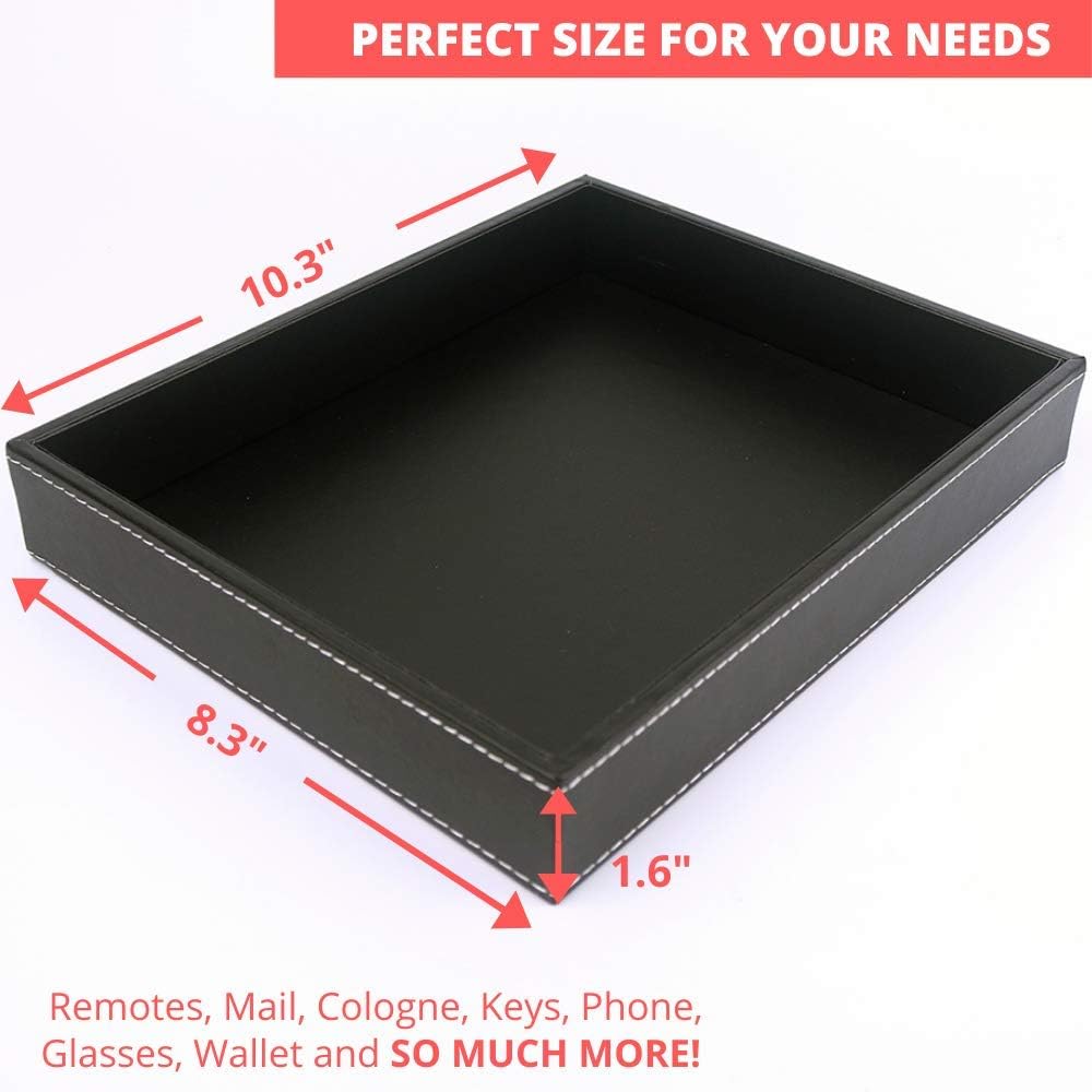 Valet Tray, Desk Tray, Key Bowl, Nightstand Organizer for Men, Black PU Leather, 10.3 x 8.3 x 1.6 inches
