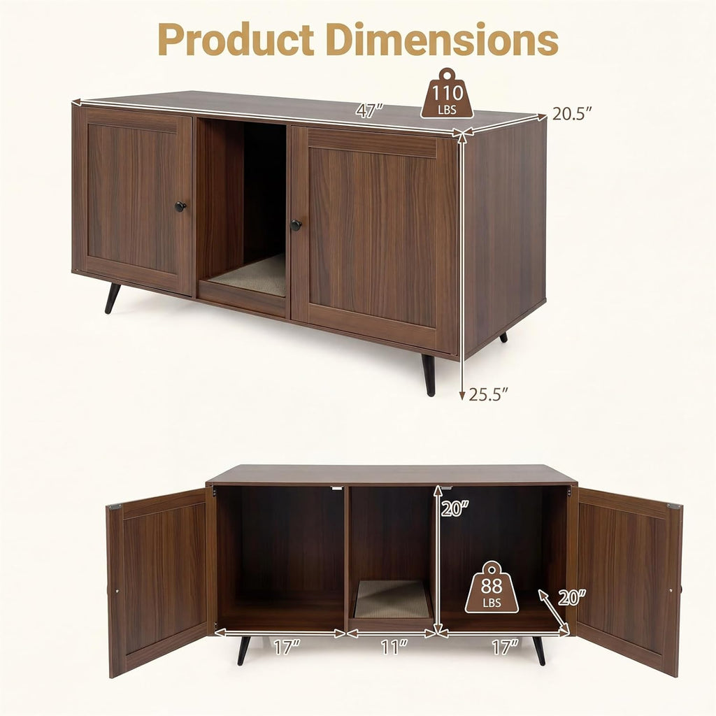 Cat Litter Box Enclosure Furniture for 2 Cats, Large Litter Box Cabinet with Scratching Board, and Adjustable Foot