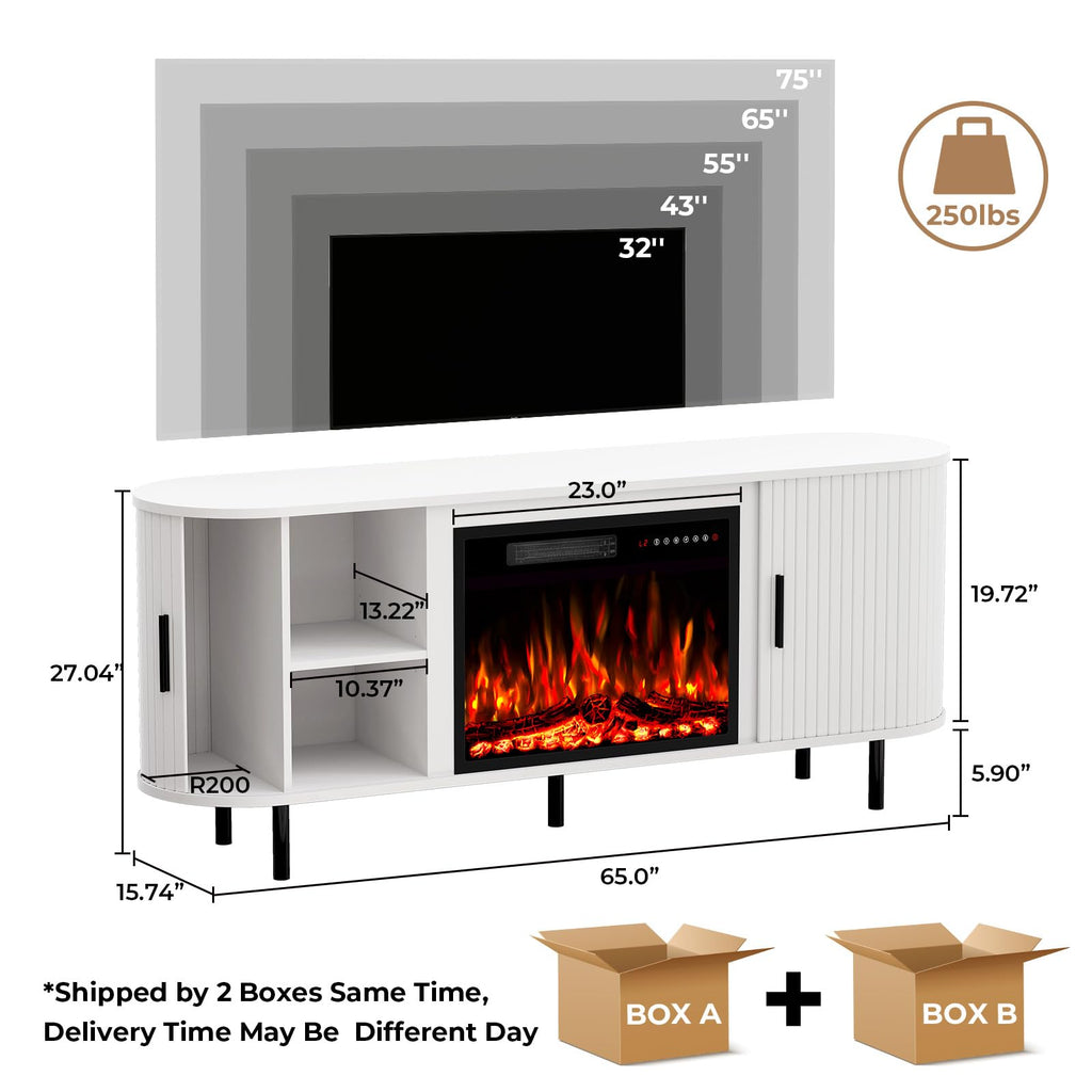 65" TV Stand with 23" Fireplace, Modern Fluted Design, Curved Fireplace Entertainment Center for TVs Up to 75 Inches