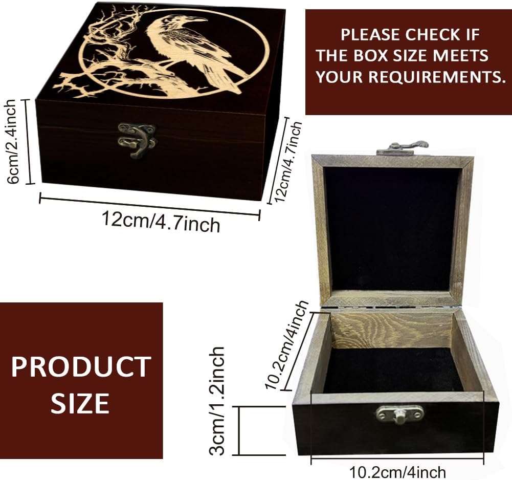 1 Pc Wooden Keepsake Storage Box, Raven Branch Full Moon Pattern Square Pine Memory Box for Anniversary Jewelry Board