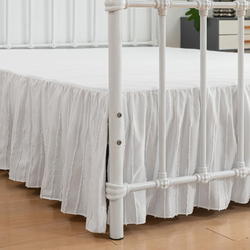 Bed Skirt Queen Size, Ruffled Bed Skirts 18 Inch Drop, White | Striped Boho Tufted, with Split Corners, Easy Fit