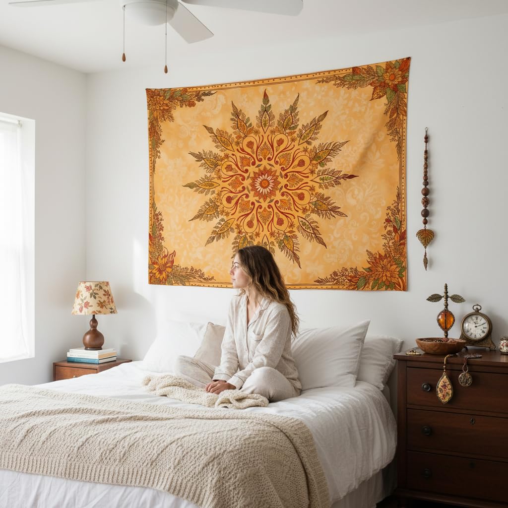Boho Mandala Floral Tapestry Vintage Bohemian Indian Tapestries Aesthetic Retro Orange Yellow Flower Extra Large