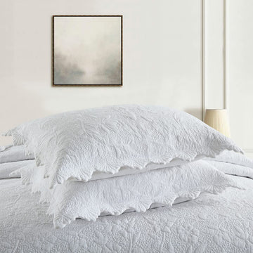 King Size Quilted Pillow Shams Cotton Set of 2 White Shabby Vintage Farmhouse Decorative Pillow Covers for King Size