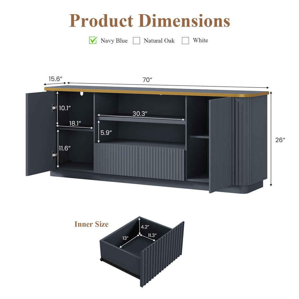 70"Fluted TV Stand for TVs Up to 80", Modern Entertainment Center with Curved Profile Design, TV Console with Drawer