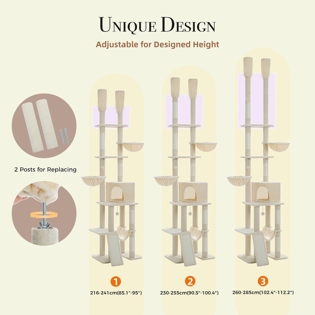Floor to Ceiling Cat Tree, 85-112" Tall Cat Tower with Dual Posts