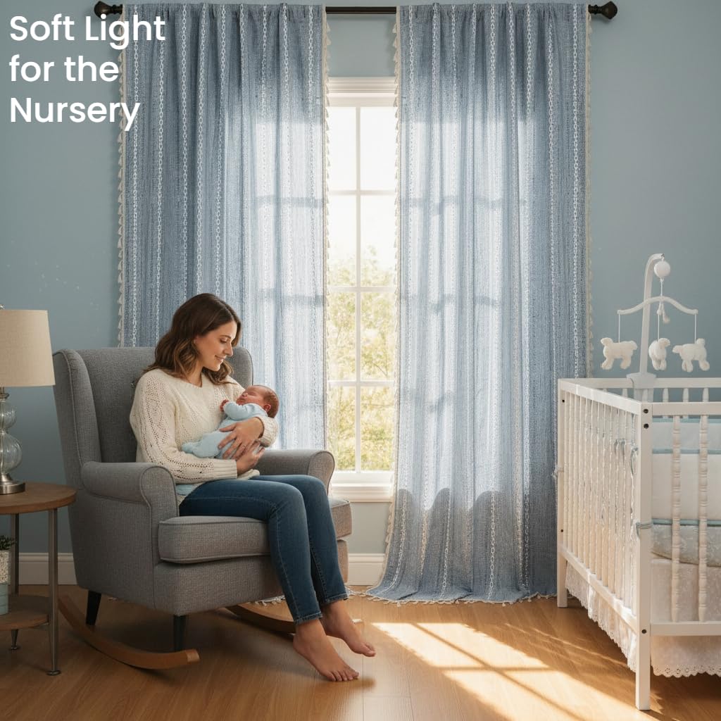 Blue Boho Curtains Linen-Textured Bedroom Light Filtering 84 Inches 2 Panels Farmhouse Embroidered Striped Curtains &