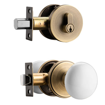 Antique Brass Exterior Door Lock Set with Porcelain Knob