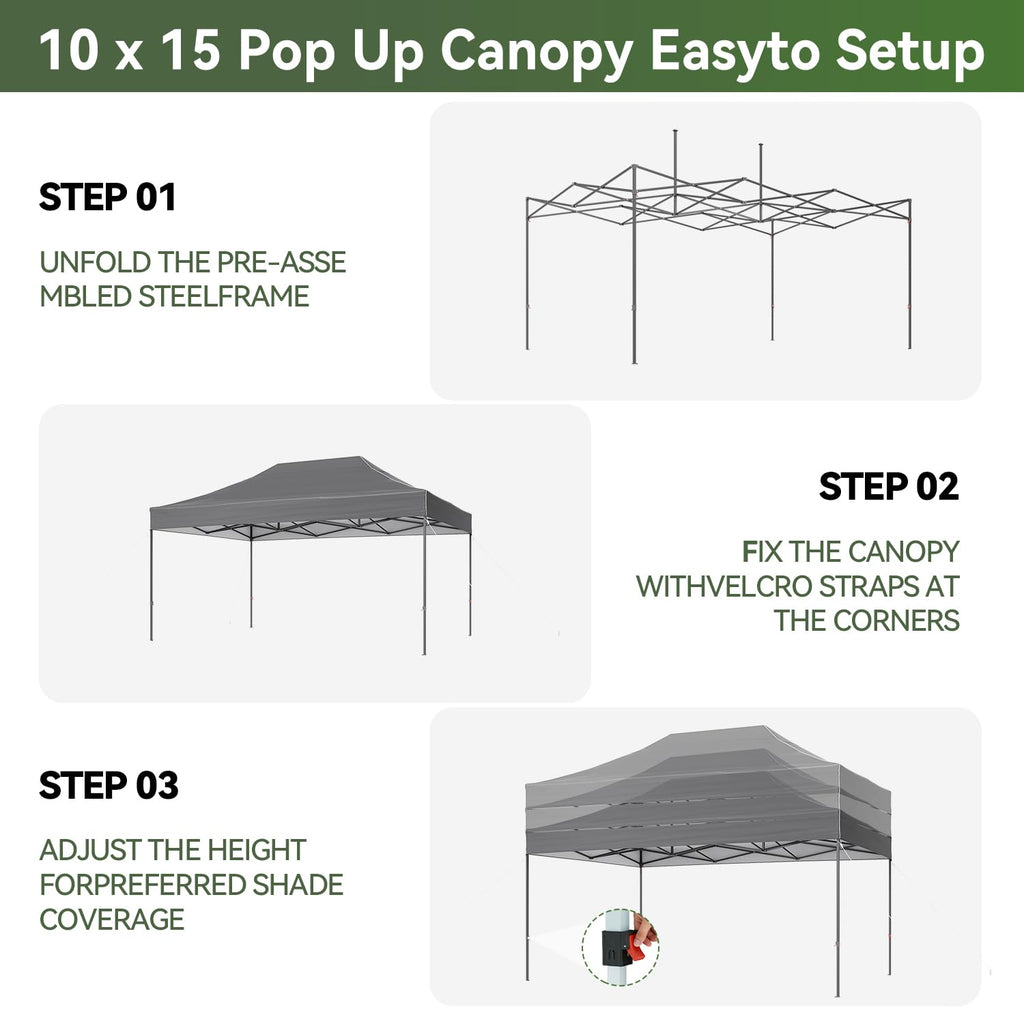 10x15 Pop Up Canopy, Outdoor Canopy Tent with Roller Bag, Gray