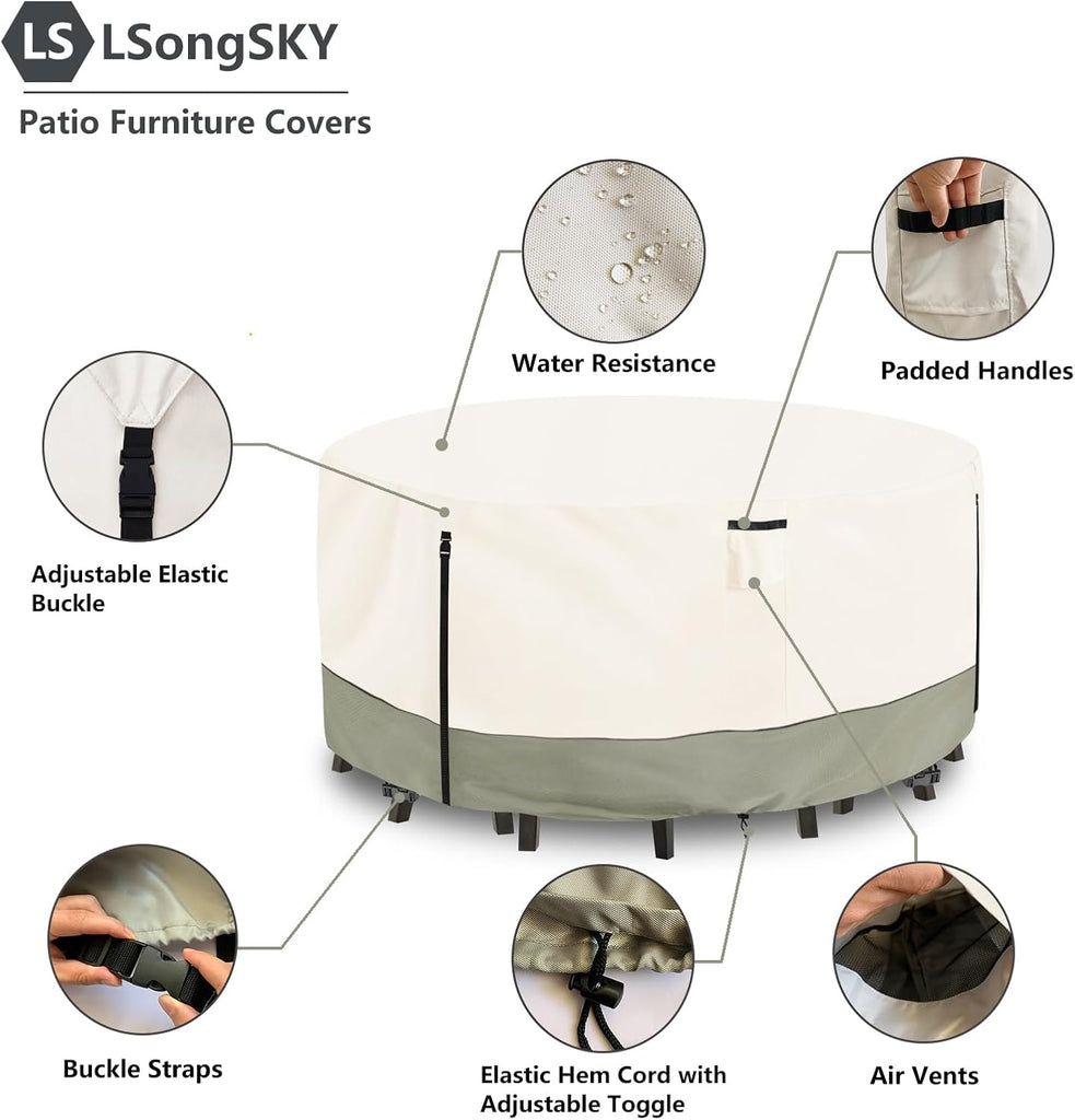 Round Patio Furniture Covers,600D Heavy Duty Waterproof Outdoor Furniture Cover for Round Dining Table with Rocking