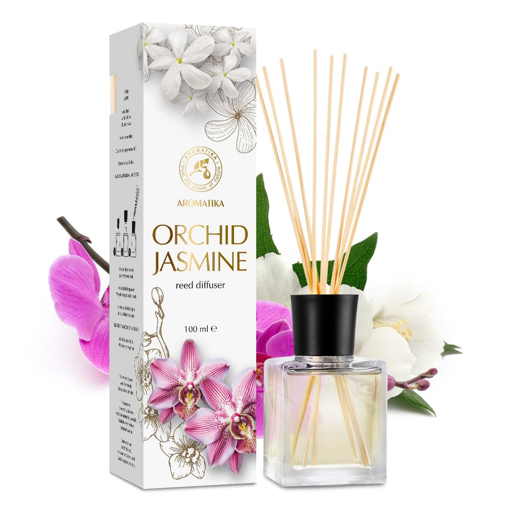 Reed Diffuser Orchid-Jasmine 3.4 Fl Oz - Fresh & Long Lasting Fragrance - Gift Set with 10 Bamboo Sticks - Good for