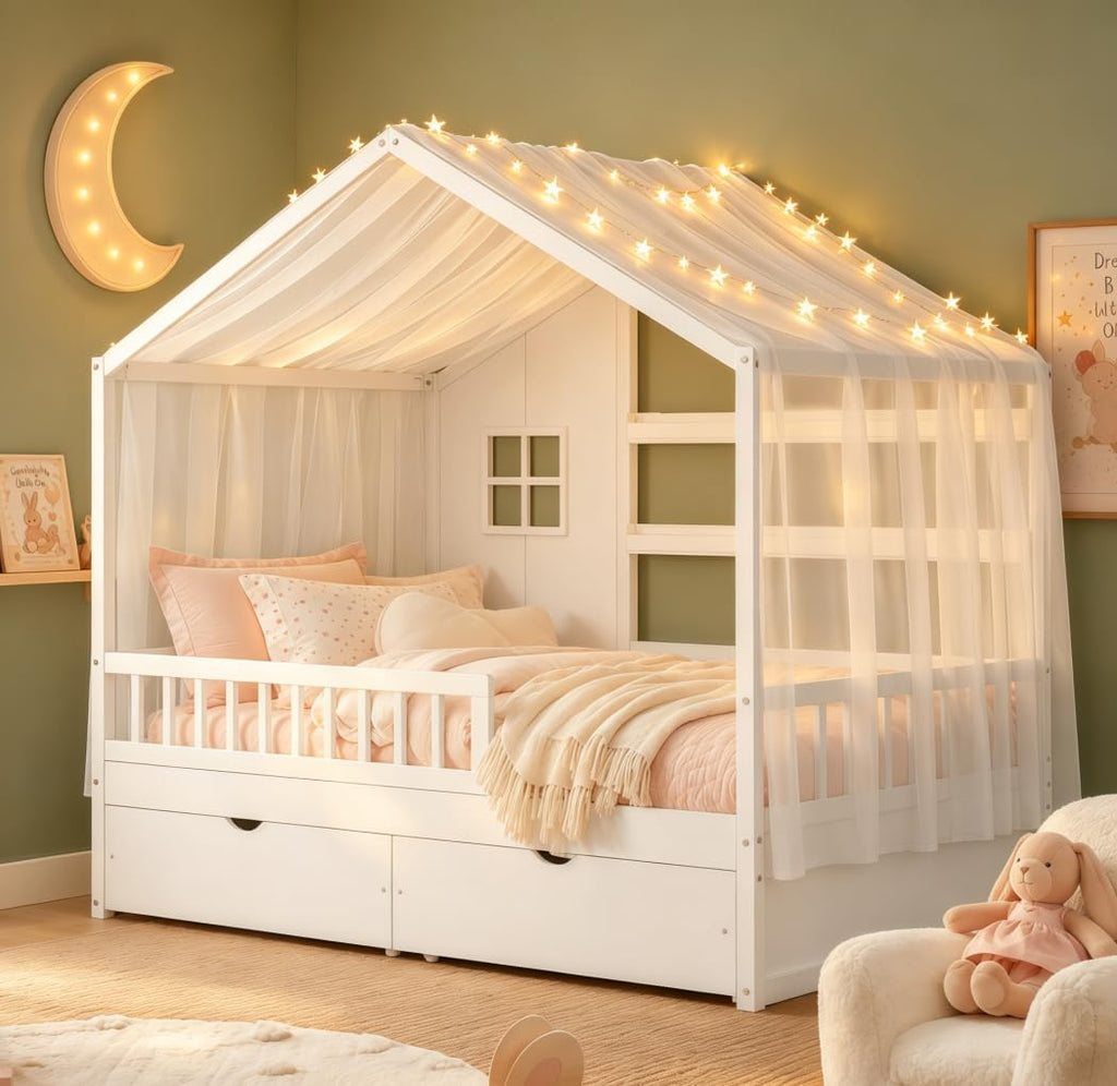 Full House BedFrame with Canopy and Storage Drawers, Montessori Bed, House Bed with Rails for Kids, White