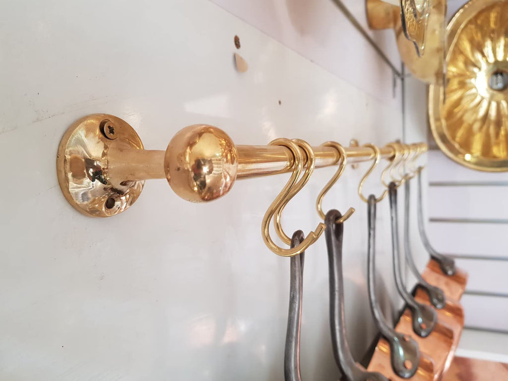 Unlacquered Brass Wall Kitchen Mount Pot Rack, Pot And Rail, Brass Kitchen Rack, Hanging Rack, Pot rail with S Hooks