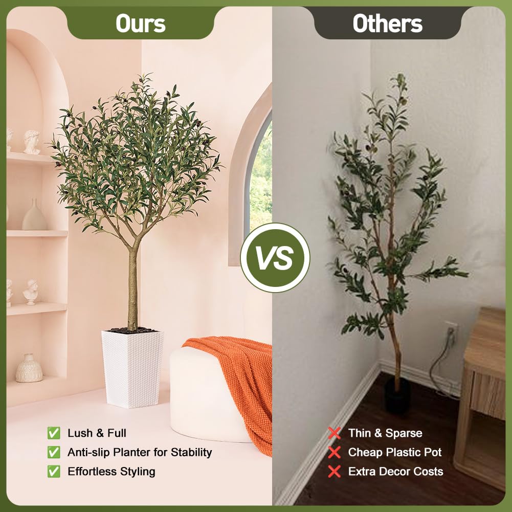 Artificial Olive Tree 6FT, UV Resistant Tall Fake Tree Indoor Outdoor with White Taper Planter & Pebbles - Potted