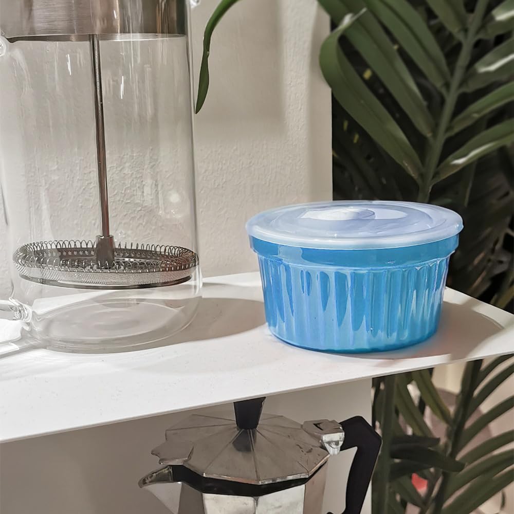 Porcelain Set with Lid, 240 ml / 8 Fl Ounces, Creme Brulee Souffle Cup for Baking, Set of 6, Blue