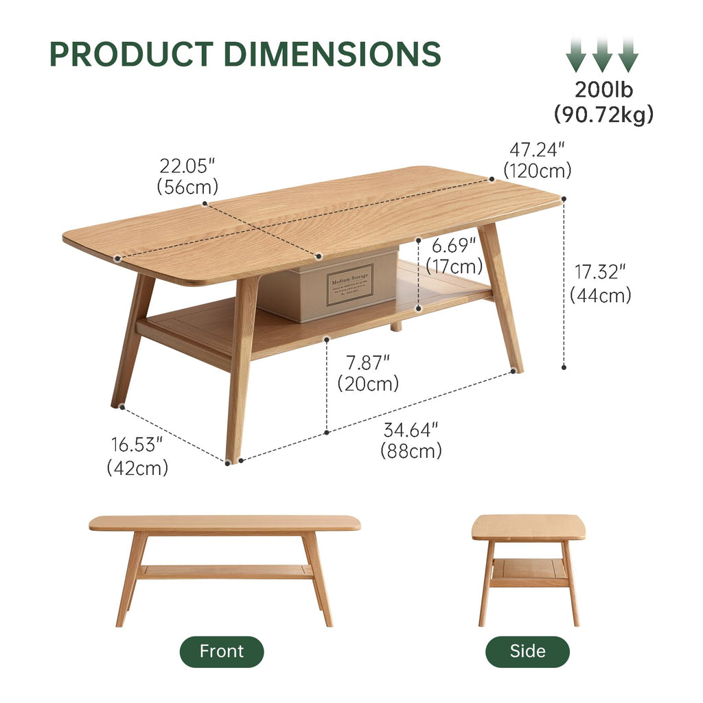 100% Solid Oak Coffee Table with Storage Shelf, 47.24"W