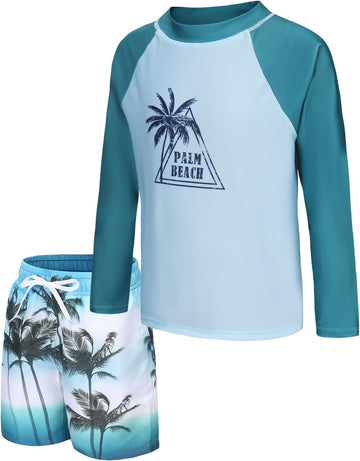 Boys Two Piece Rash Guard Swimsuits Set with Swim Trunk Kids Long Sleeve Bathing Suit Swimwear Set