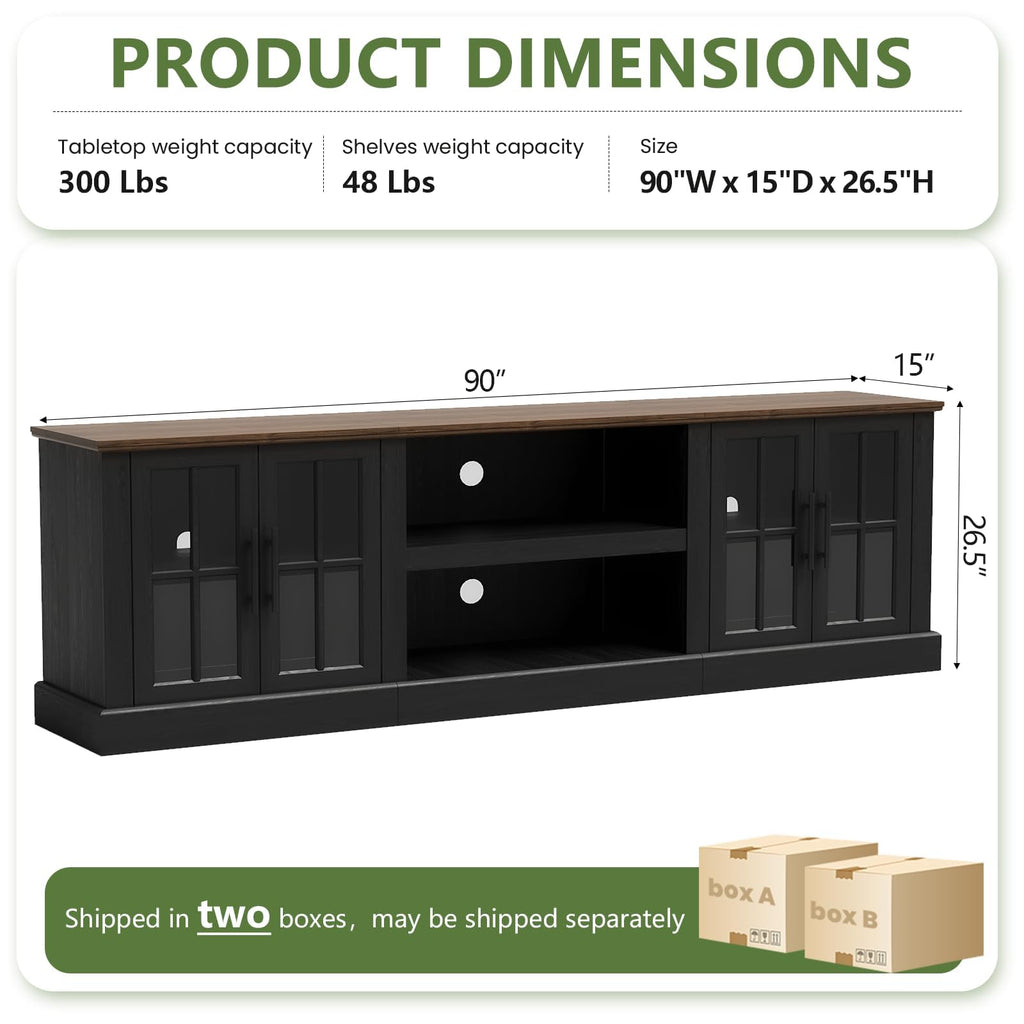 90" Farmhouse TV Stand for TVs up to 100", Media Entertainment Center with Adjustable Shelves and Large Storage