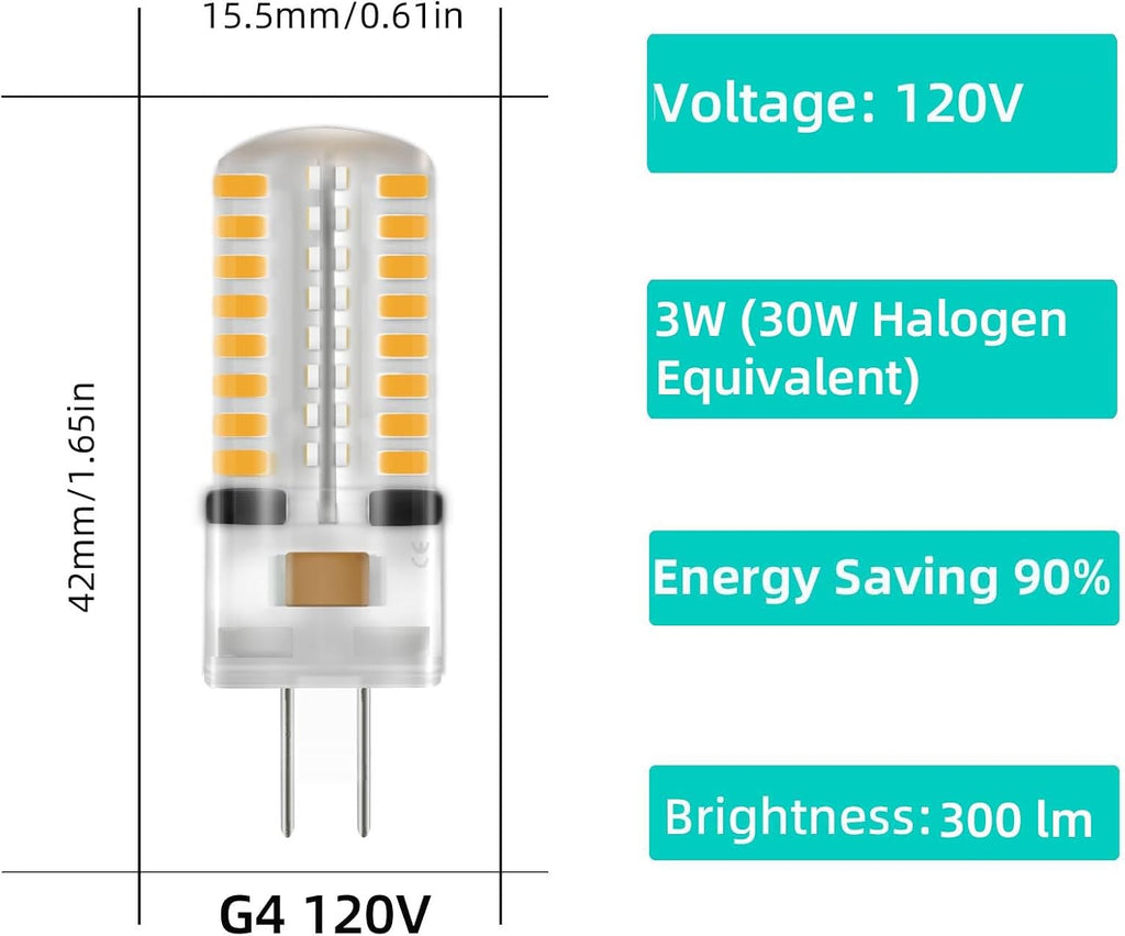 G4 120V LED Light Bulbs 3W 30W Halogen Replacement T4 JC Bi-Pin Base Warm White 3000K