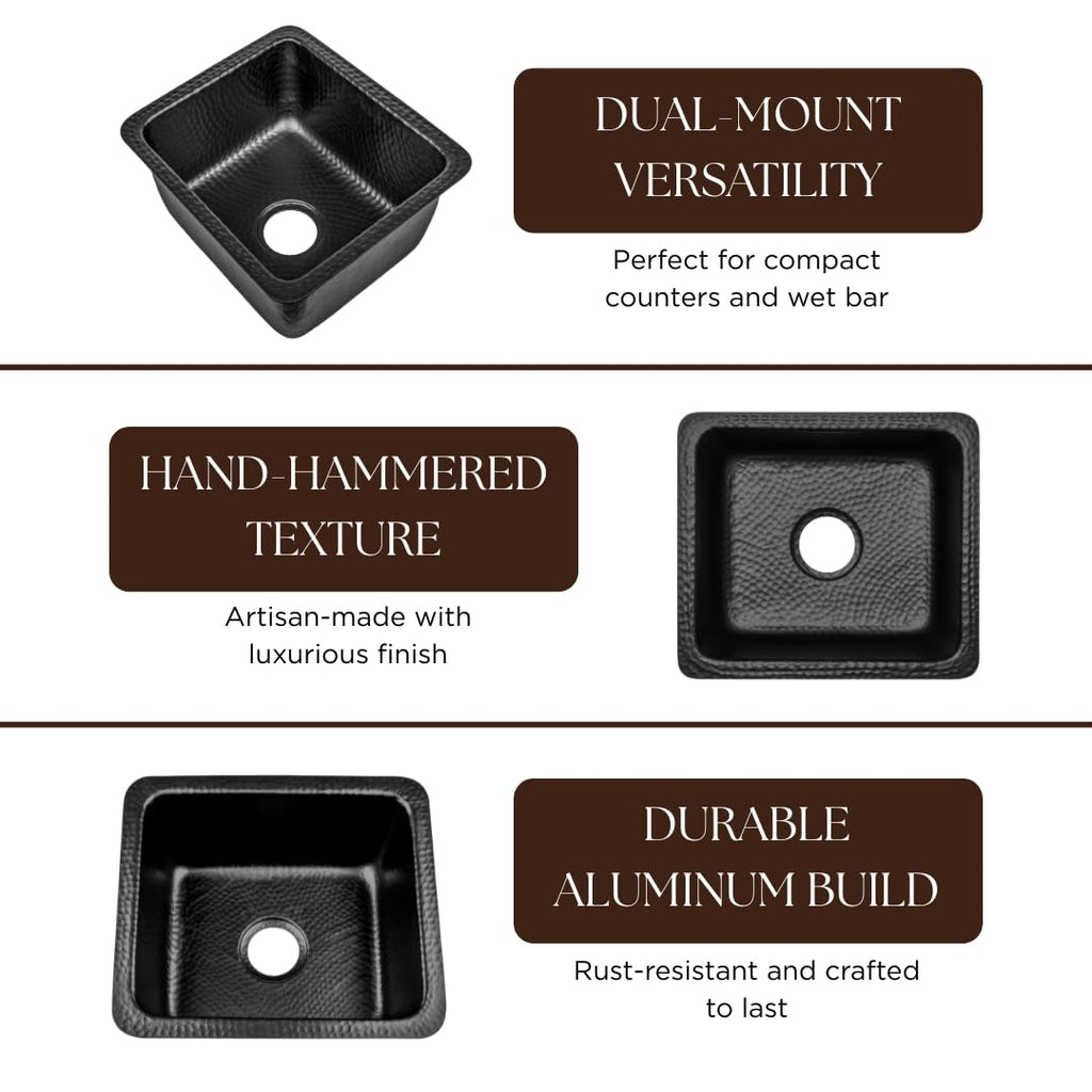 & Bar Sink - 17-inch Highball Dual Mount Drop in, Hand Hammered Matte Black Aluminum Sinks, Drop in Bar Sinks or