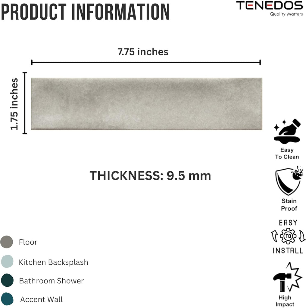 Matte Light Grey Porcelain Subway Tile - 2"x8" Wall and Floor, Backsplash , Shower, Fireplace Accent - for Restaurant